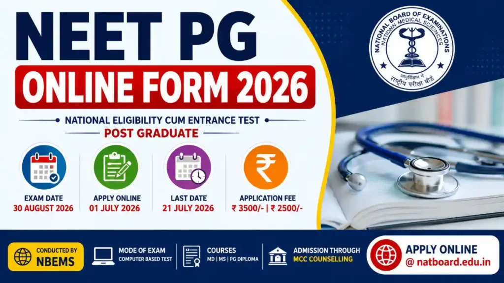 NEET PG 2026, NEET PG Online Form 2026, NEET PG Registration 2026, NEET PG Application Form, NBEMS NEET PG 2026, NEET PG Exam Date 2026, NEET PG Eligibility 2026, NEET PG Notification 2026, NEET PG Admit Card 2026, NEET PG Result 2026, NEET PG Syllabus 2026, NEET PG Exam Pattern 2026, Medical Entrance Exam 2026, MBBS PG Admission 2026, MD MS Admission 2026, NBEMS Online Form, Sarkari Result NEET PG, NEET PG Counselling 2026, NEET PG Latest Update, NEET PG Apply Online