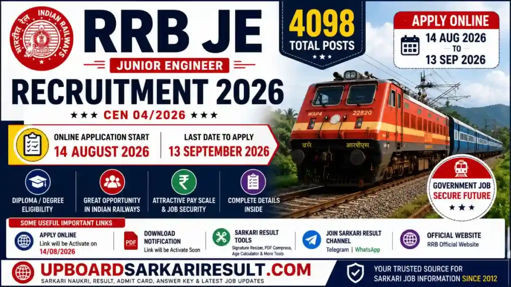 RRB JE Recruitment 2026, Railway JE Recruitment 2026, RRB Junior Engineer Notification 2026, RRB JE Online Form 2026, Railway Junior Engineer Vacancy 2026, RRB CEN 04/2026, RRB JE Apply Online, Railway Recruitment Board JE, Junior Engineer Vacancy 2026, RRB JE Eligibility 2026, RRB JE Exam Date 2026, RRB JE Admit Card 2026, RRB JE Syllabus 2026, RRB JE Result 2026, RRB JE Application Form, Railway Jobs 2026, Government Jobs 2026, Latest Railway Vacancy, Sarkari Job 2026, Engineering Jobs 2026
