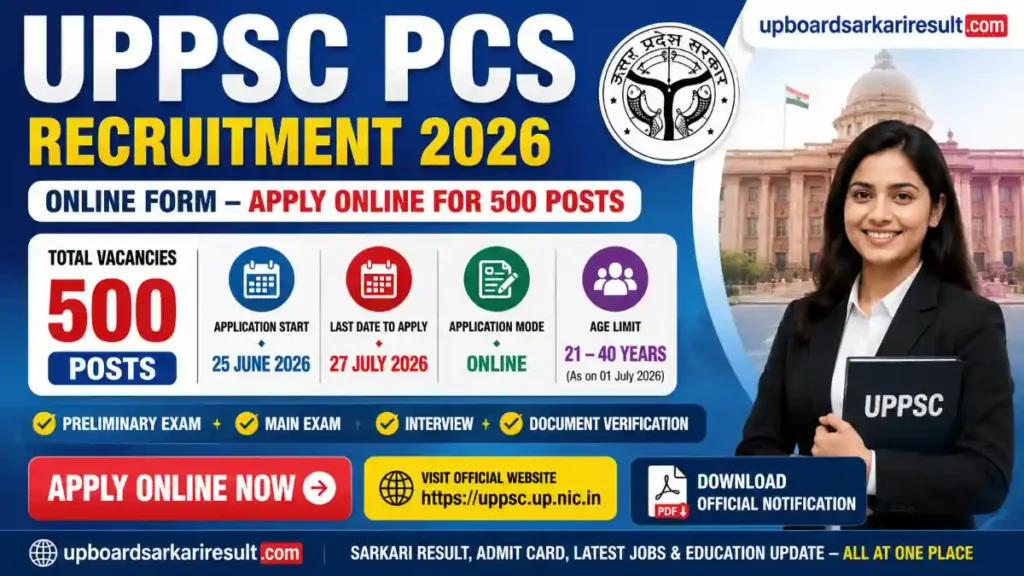 UPPSC PCS Recruitment 2026, UPPSC PCS Online Form 2026, UPPSC PCS Vacancy 2026, UPPSC Recruitment 2026, UPPSC PCS Notification 2026, UPPSC Apply Online, Uttar Pradesh PCS Recruitment, UPPSC Combined State Services 2026, UPPSC 500 Posts, UPPSC PCS Eligibility, UPPSC PCS Age Limit, UPPSC PCS Selection Process, UPPSC PCS Salary, UPPSC PCS Exam Date 2026, UPPSC Official Notification, Latest UP Government Jobs, Uttar Pradesh Government Jobs 2026, Sarkari Result UPPSC, PCS Recruitment 2026, UPPSC Online Application Form