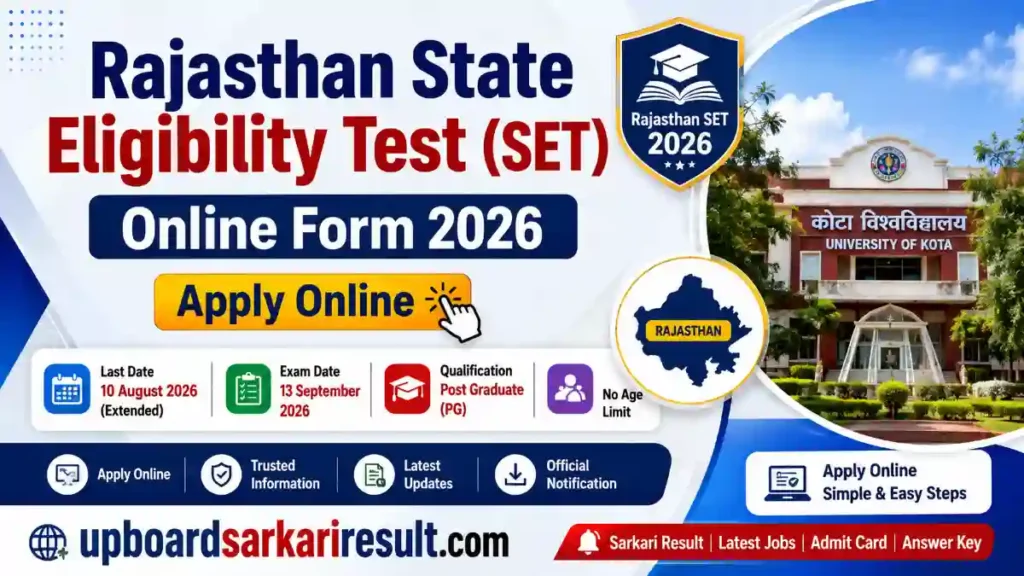 Rajasthan SET 2026, Rajasthan SET Online Form 2026, Rajasthan State Eligibility Test 2026, Rajasthan SET Apply Online, Rajasthan SET Notification 2026, Rajasthan SET Last Date Extended, Rajasthan SET Eligibility, Rajasthan SET Exam Date 2026, Rajasthan SET Application Form, Rajasthan SET Registration 2026, Rajasthan SET Admit Card 2026, Rajasthan SET Syllabus, Rajasthan SET Exam Pattern, University of Kota SET 2026, Assistant Professor Eligibility Test, Rajasthan Government Jobs, Teaching Jobs Rajasthan, SET Exam 2026, Sarkari Result Rajasthan, Latest Rajasthan Jobs